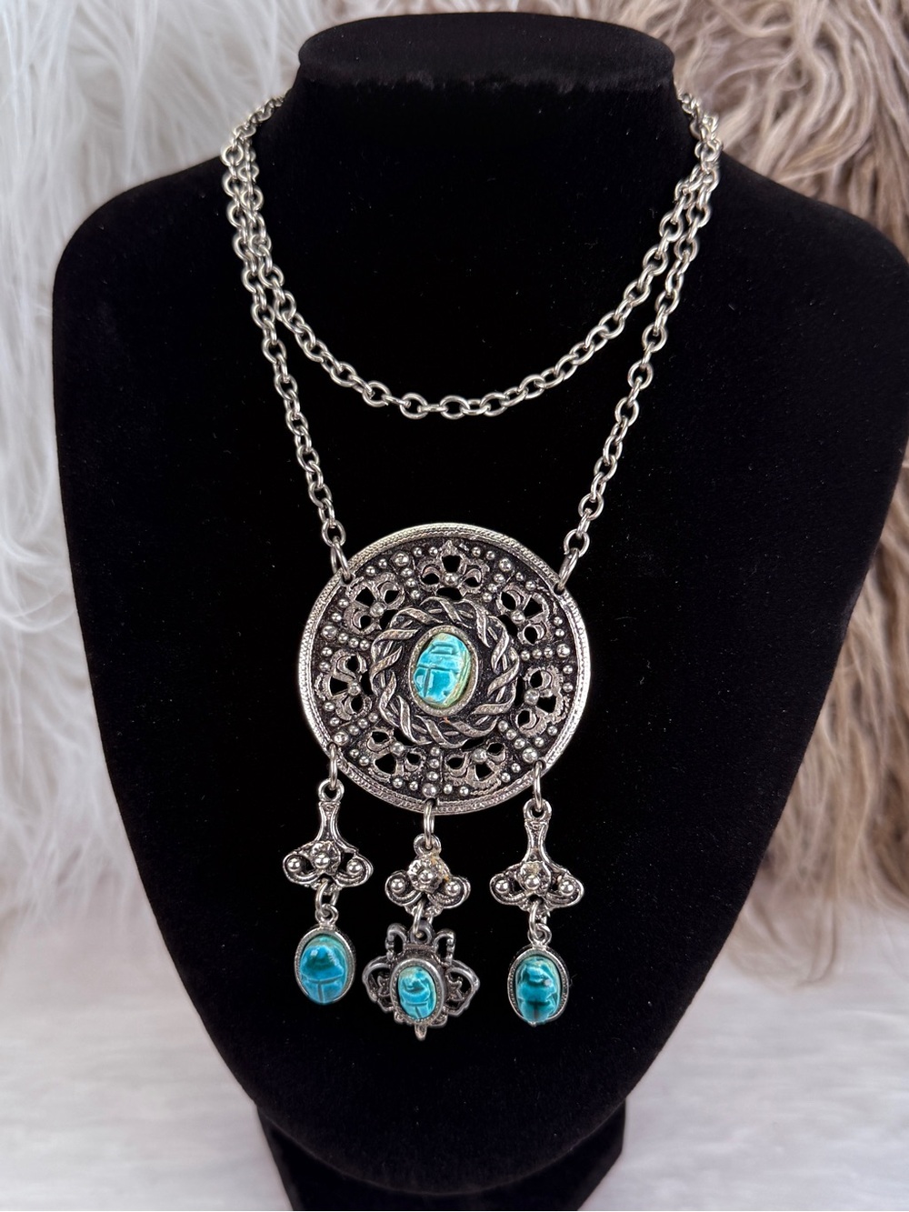 Egyptian Revival Scarab Medallion Necklace Blue Cabochon Dangles Silver Tone